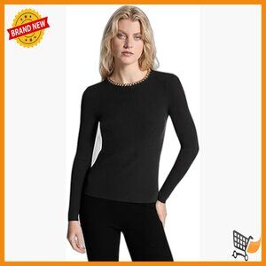 Chain Neck Long Sleeve Rib Sweater Pullover Stretch Knit